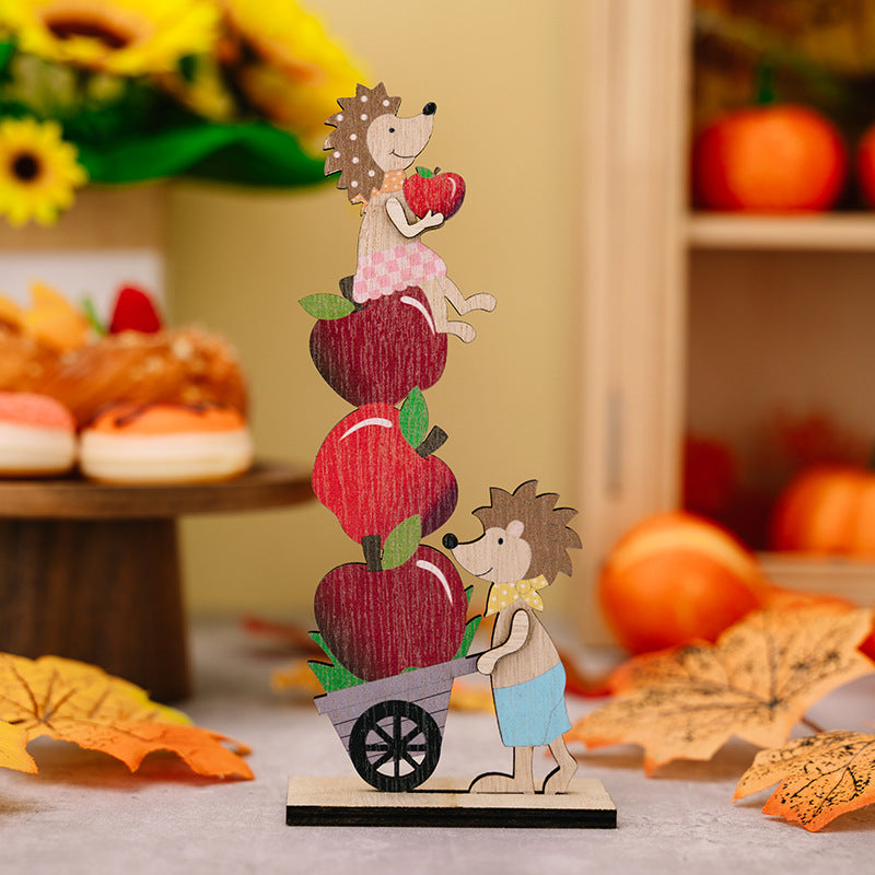 Harvest Season Wooden Christmas Ornaments Set - Hedgehog, Pumpkin, Apple & Doll Styles