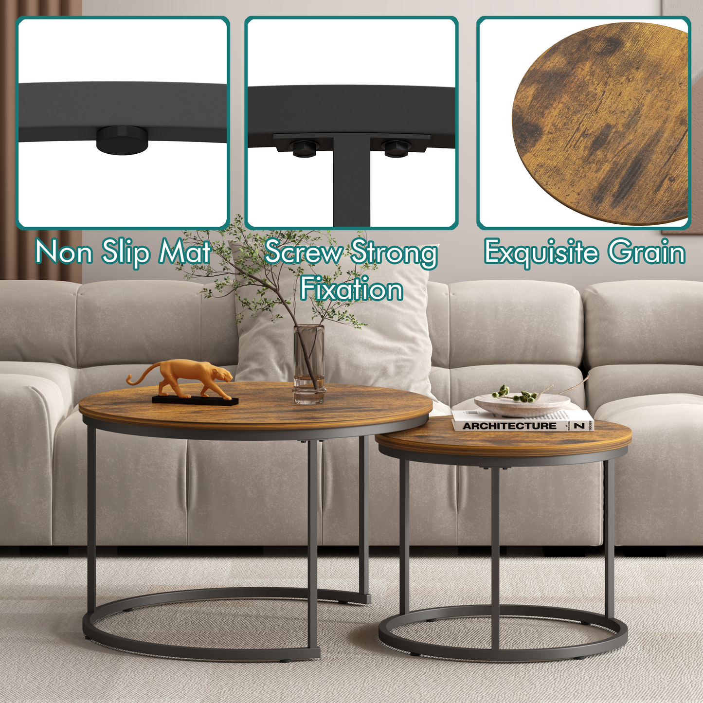 Nesting Coffee Table Set of 2 - Round Wood & Metal, Rustic Brown