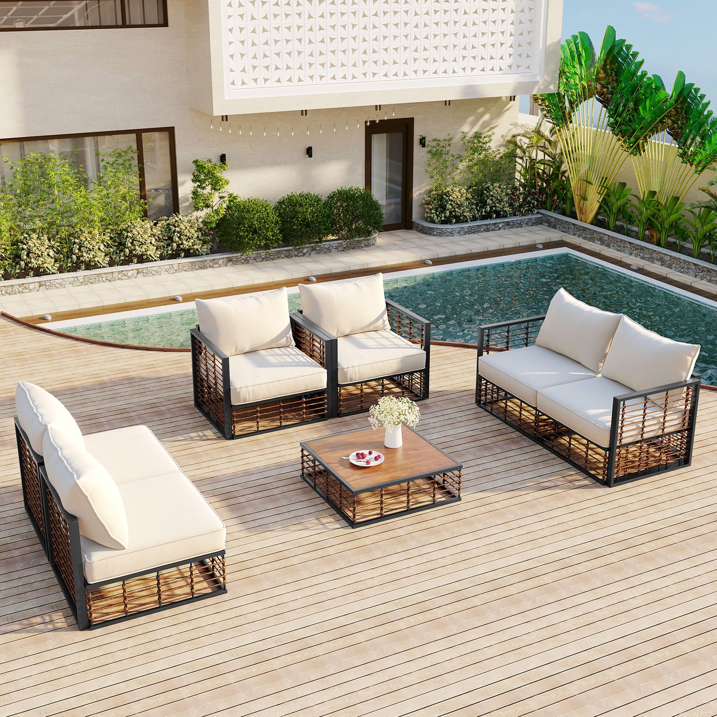 Modern Minimalist 7-Piece Metal Patio Sectional Sofa Set - Dark Grey