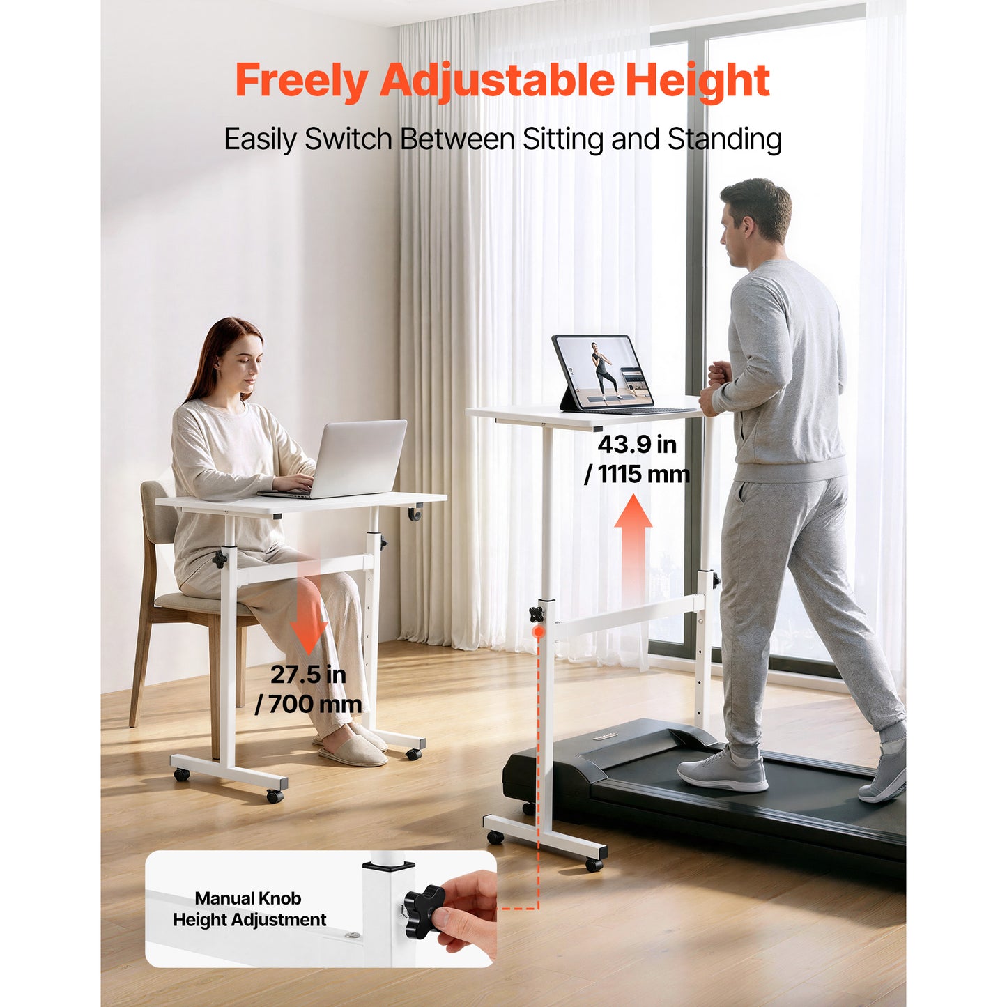 Adjustable Standing Desk with Lockable Casters - 32x16in Mobile Workstation, White