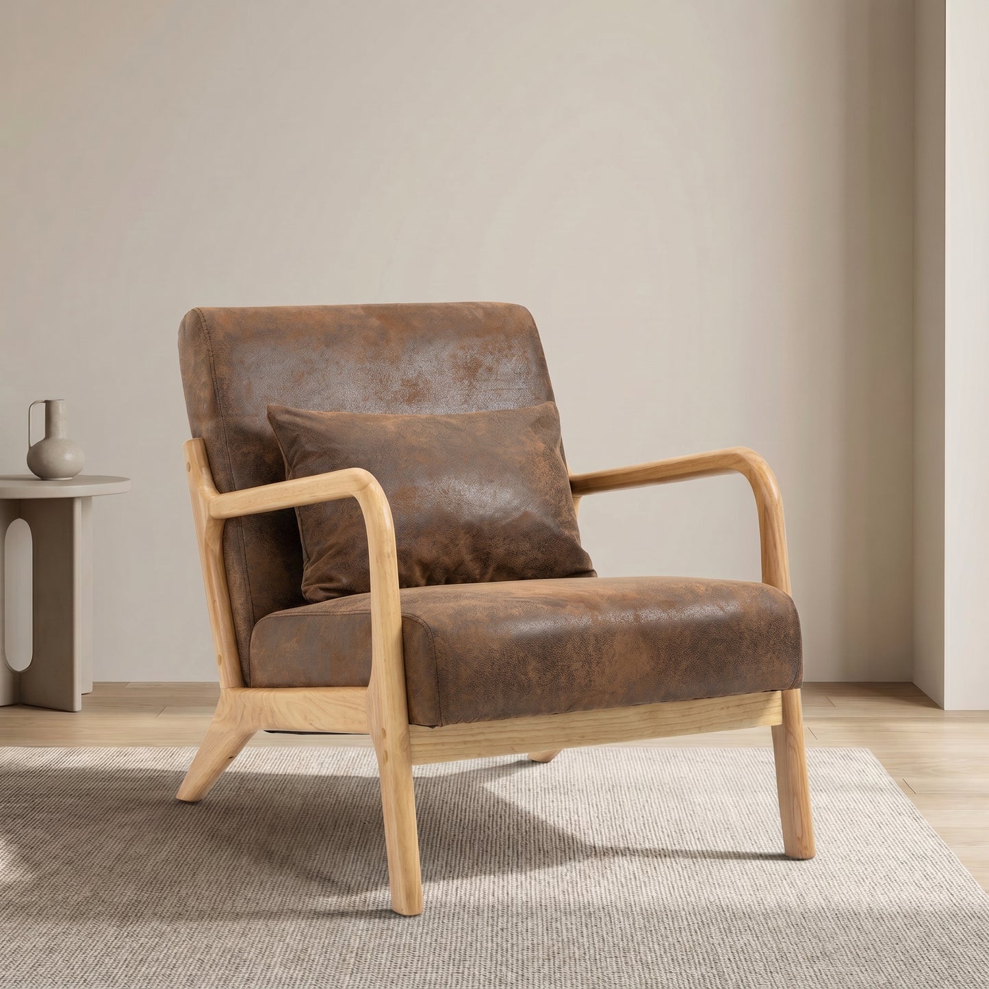 Mid Century Modern Accent Chair - Upholstered Wood Frame, Antique Brown