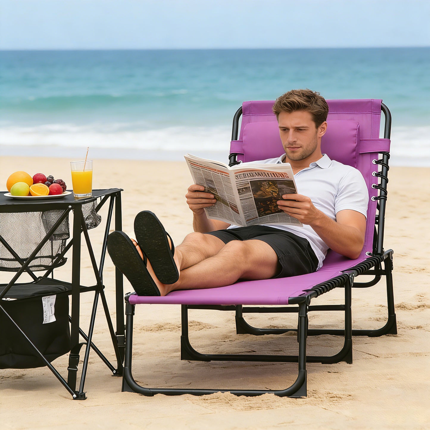 Folding Chaise Lounge Chair - 4-Position Recline, Purple
