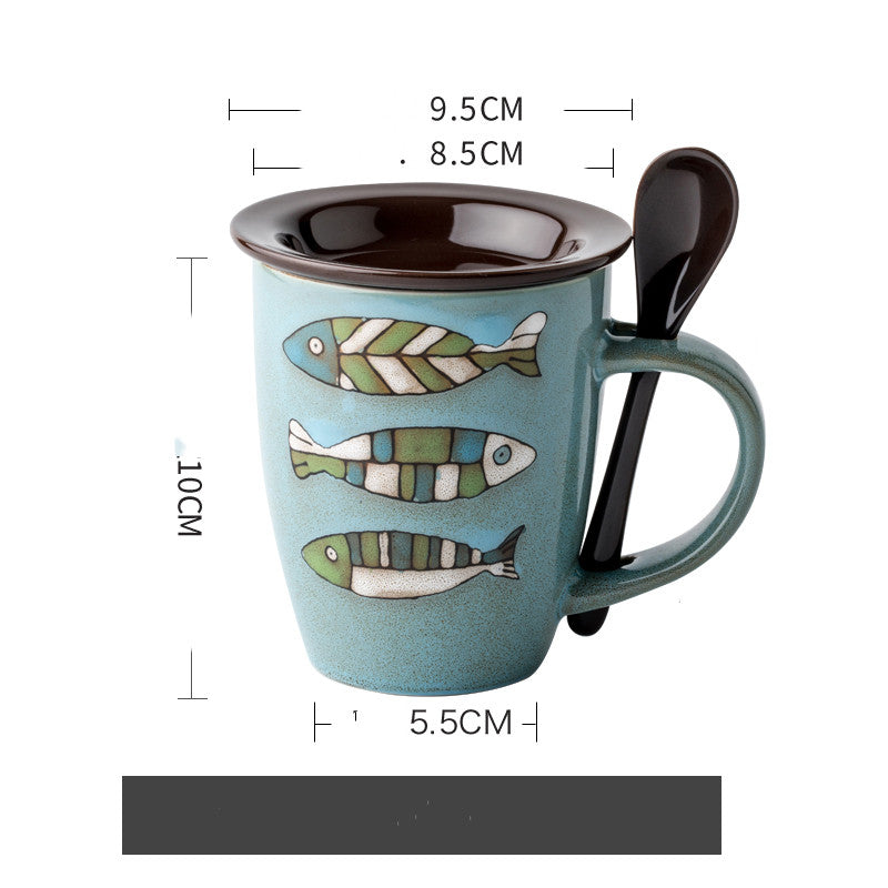 Ceramic Fish Pattern Coffee Cup with Lid and Spoon - 350mL Blue