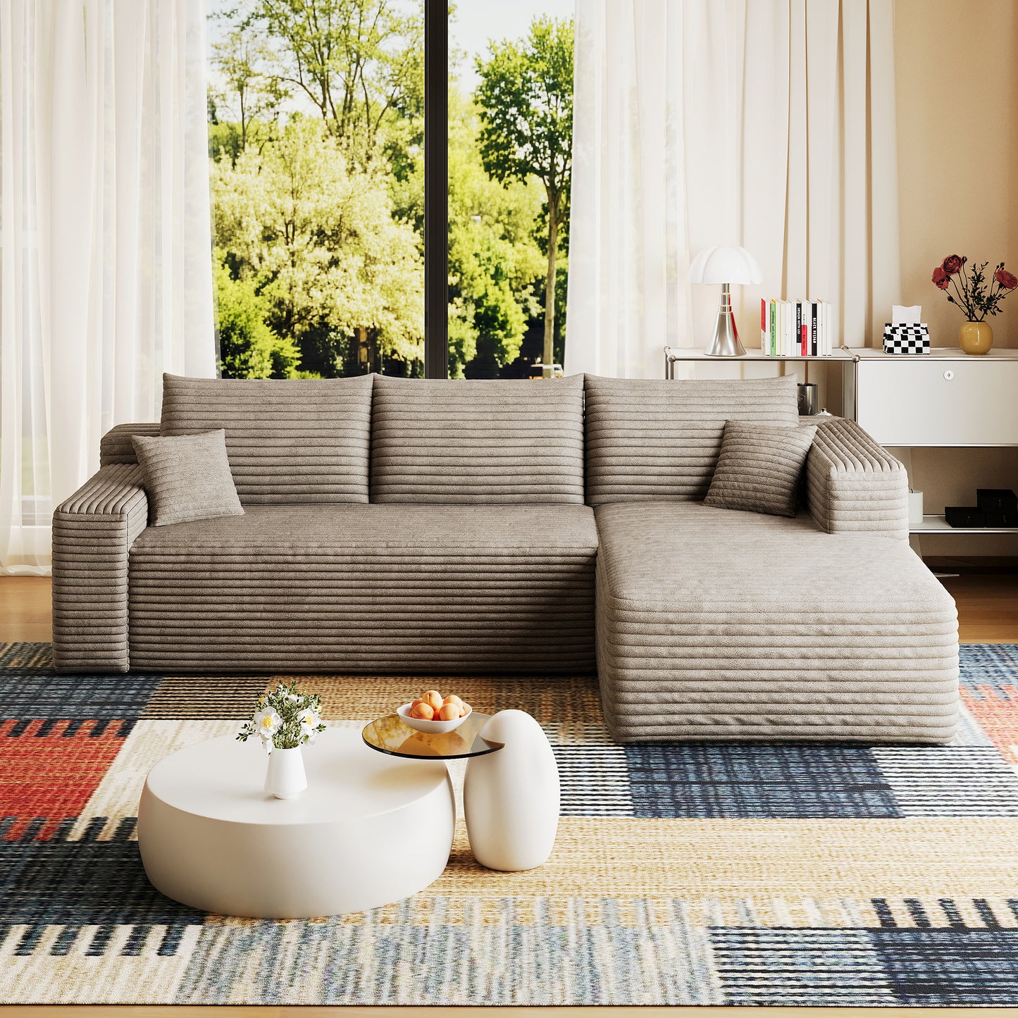 95" Cloud Sectional Sofa - Modern U-Shaped Couch in Camel Plush