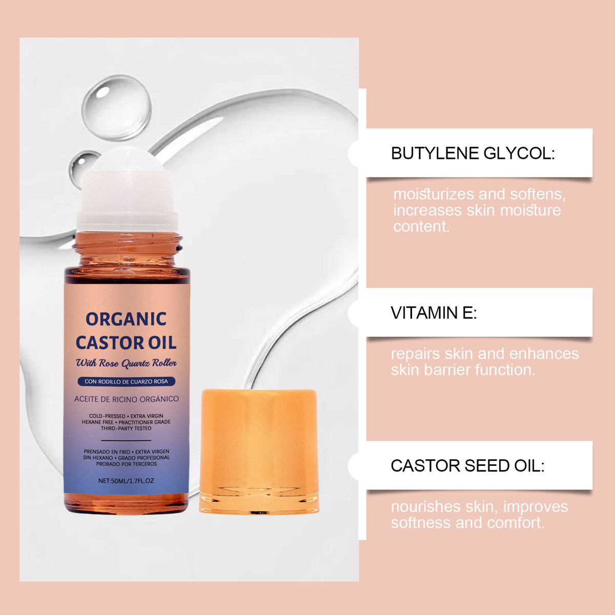 Organic Castor Oil Roller with Rose Quartz Ball