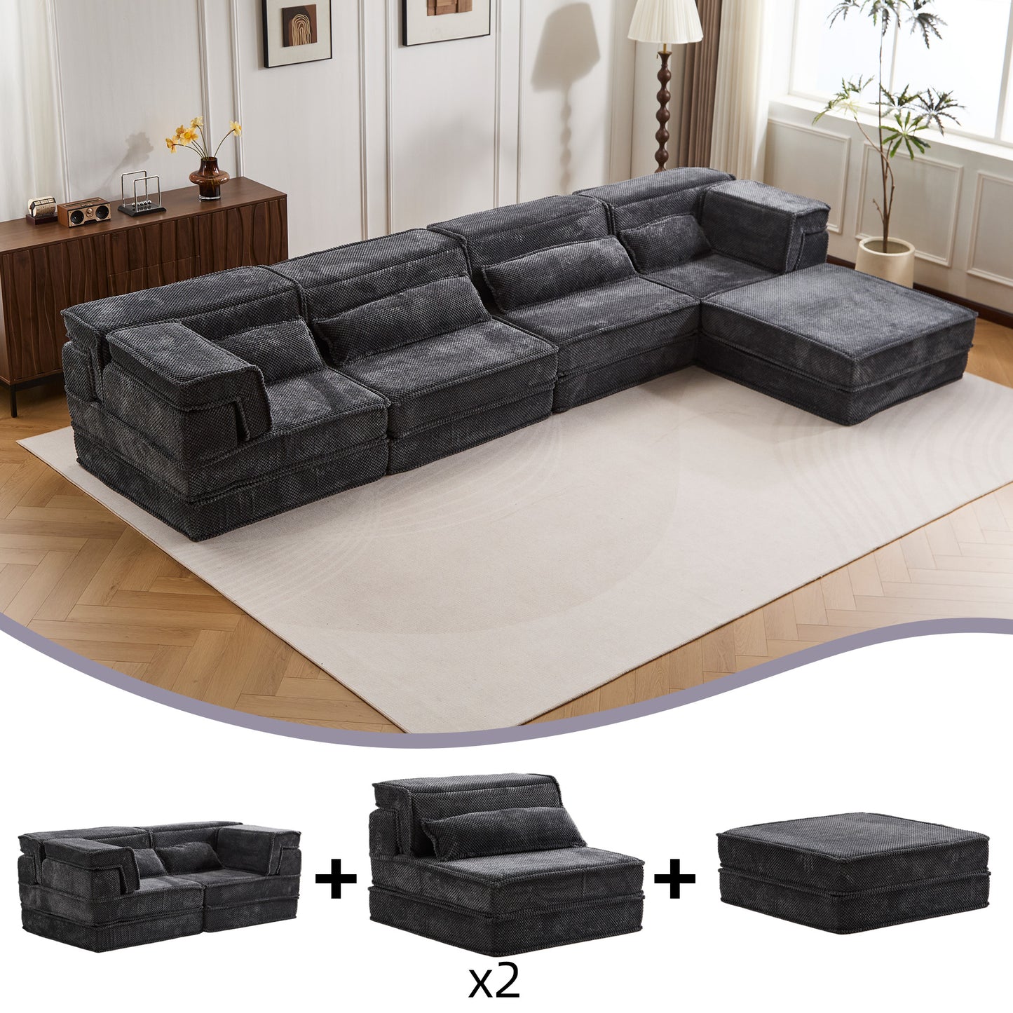 Oversized Modular Sectional Sofa Bed with Ottoman - Dark Grey