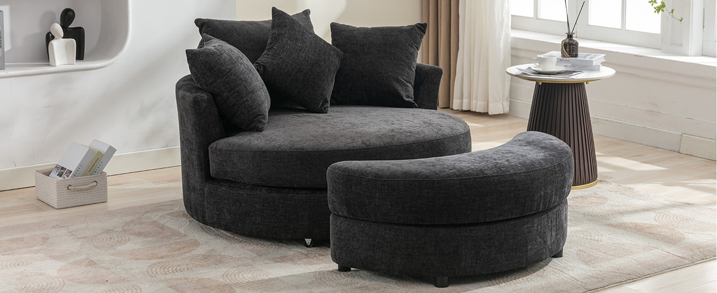 360° Swivel Accent Barrel Chair with Storage Ottoman & 4 Pillows - Gray