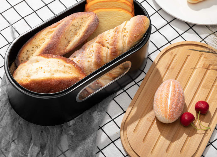 Black Metal and Bamboo Bread Box - Food Storage Organizer for Kitchen