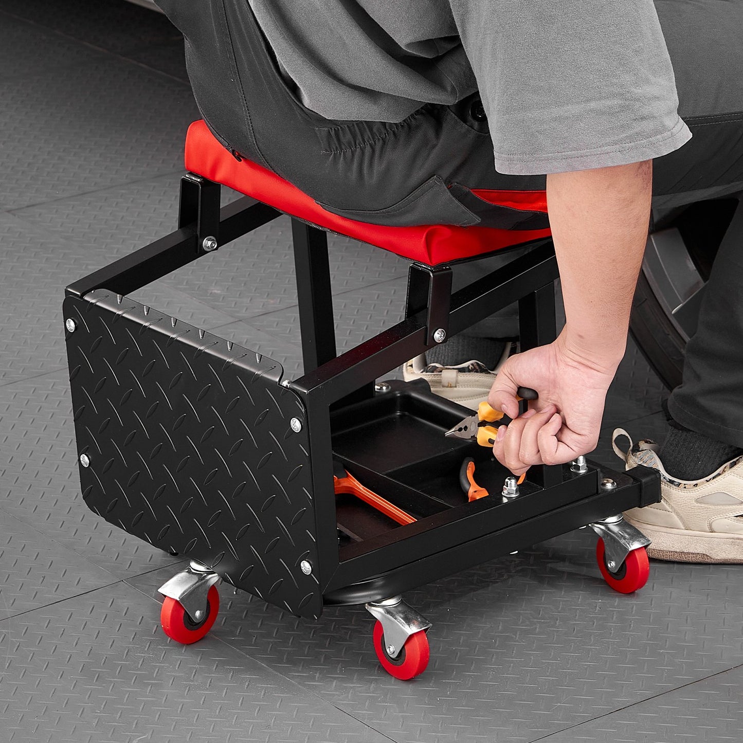Heavy-Duty Rolling Work Seat & Step Stool - 300 Lb Capacity, Black