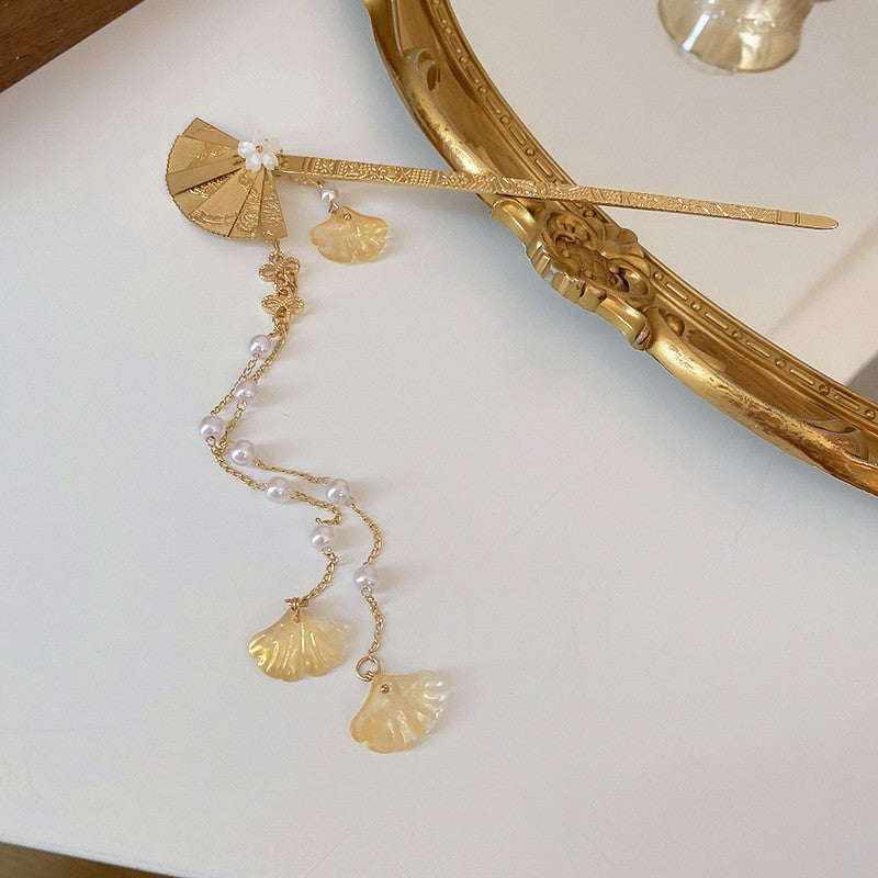 Pearl Inlaid Fan-Shaped Hairpin - Gold