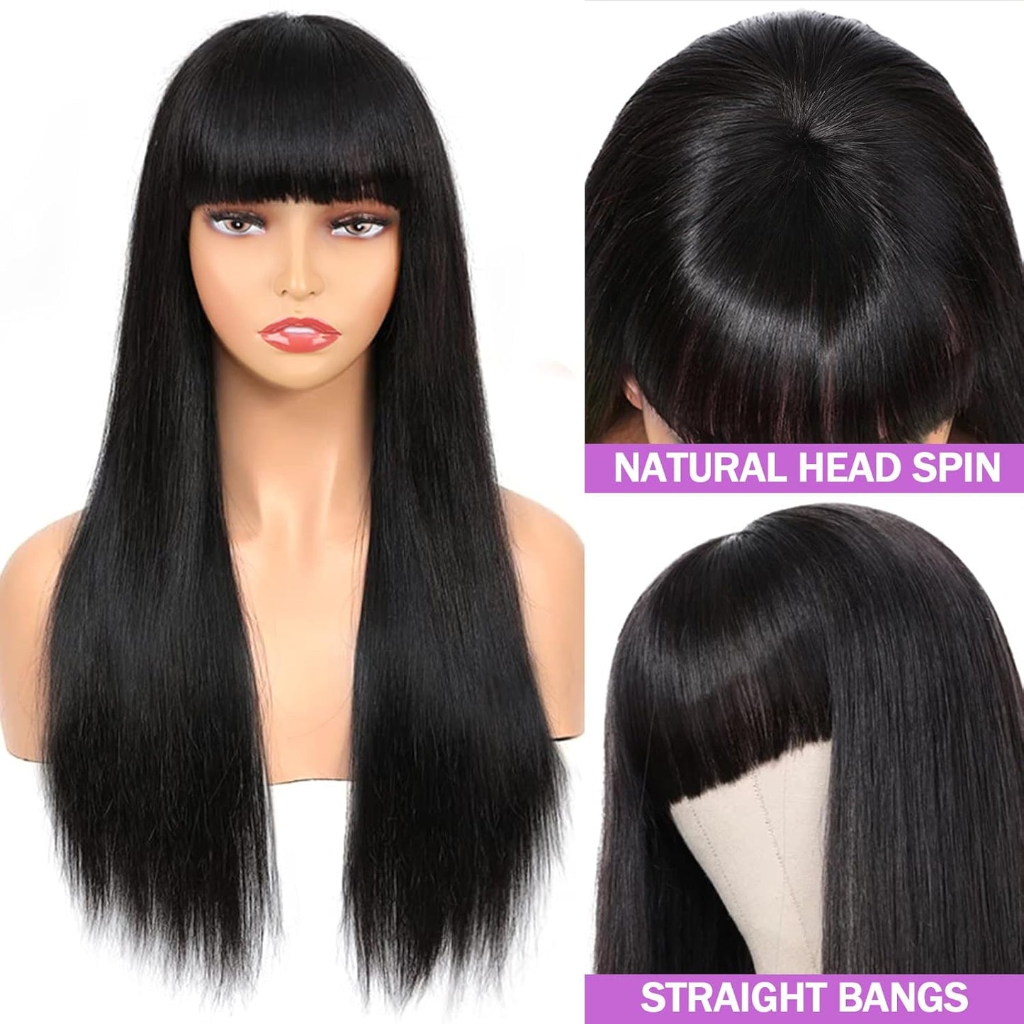 Straight Human Hair Wig with Bangs - 150% Density Natural Color