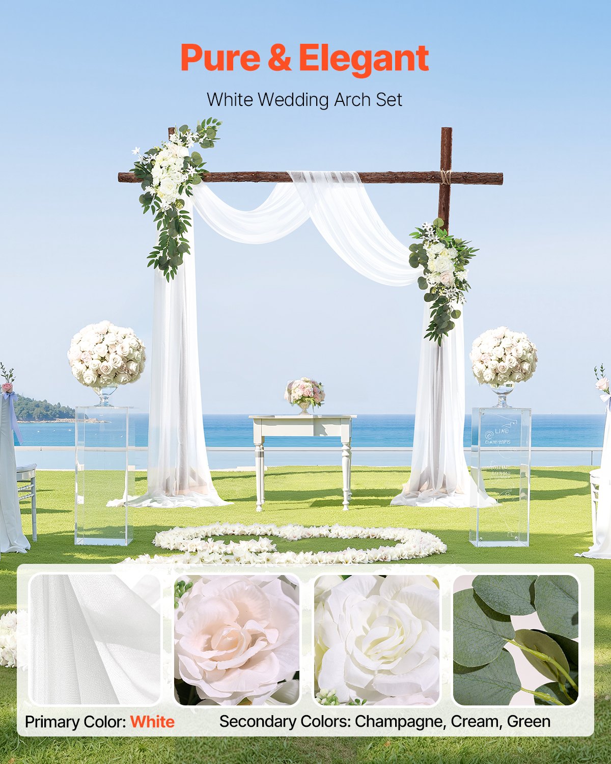 Artificial Wedding Arch Flowers Kit with 21ft Draping Fabric - White, Pack of 3