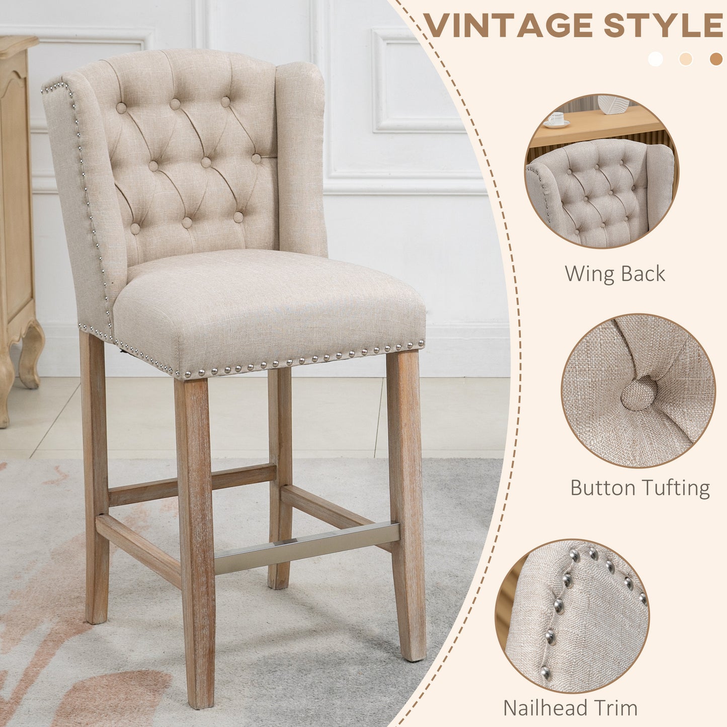 Counter Height Bar Stools Set of 2 - Beige Linen Fabric