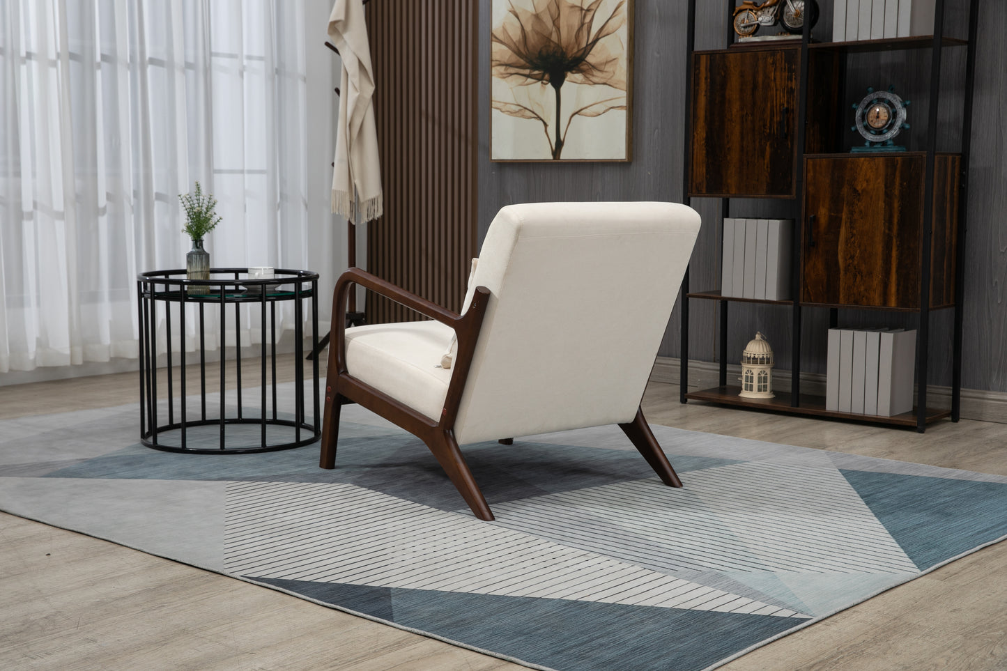Mid Century Modern Accent Chair - Antique White Upholstered Armchair