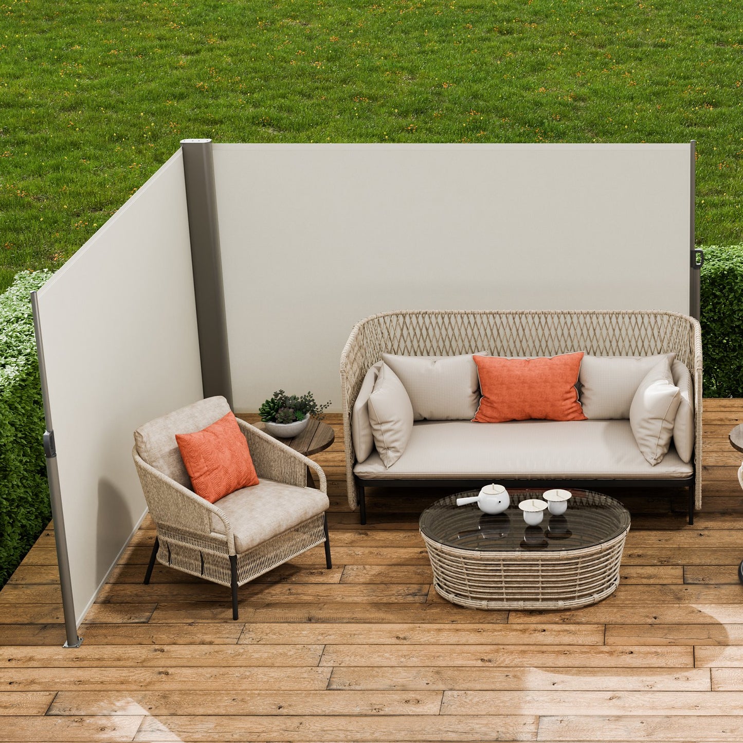 Beige Retractable Side Awning 71x236 Inches Aluminum Wind & Rain Screen Outdoor Shelter