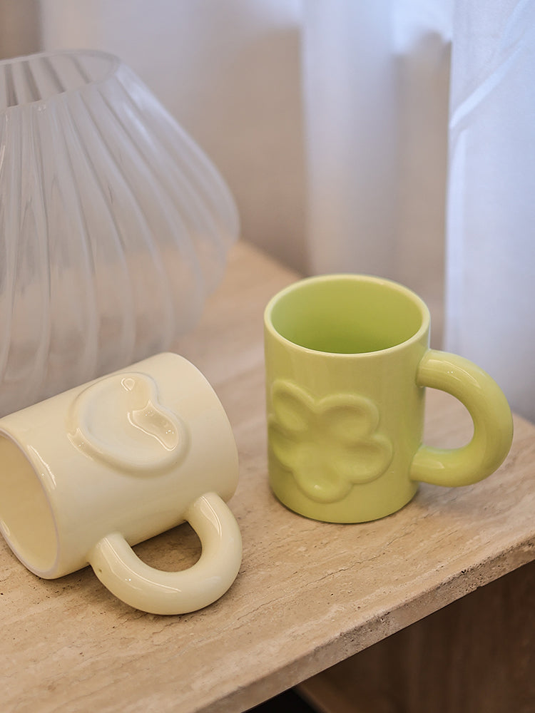Ceramic Milk Mug Set - Cute Cream and Mint Heart & Flower Designs, Nordic Style, 300ml