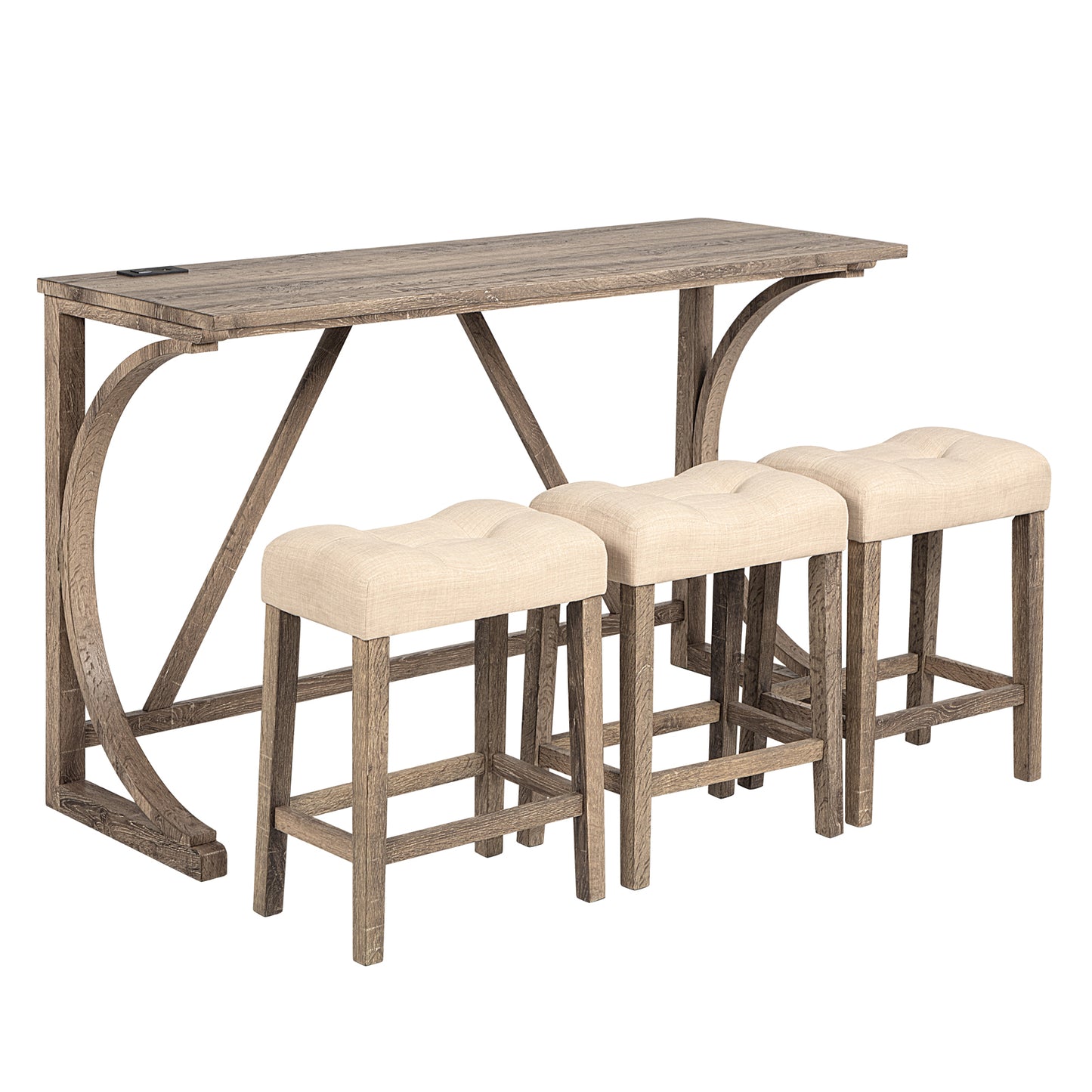 Bar Table Set with Power Outlet - 4-Piece Dining Set with 3 Stools, Brown