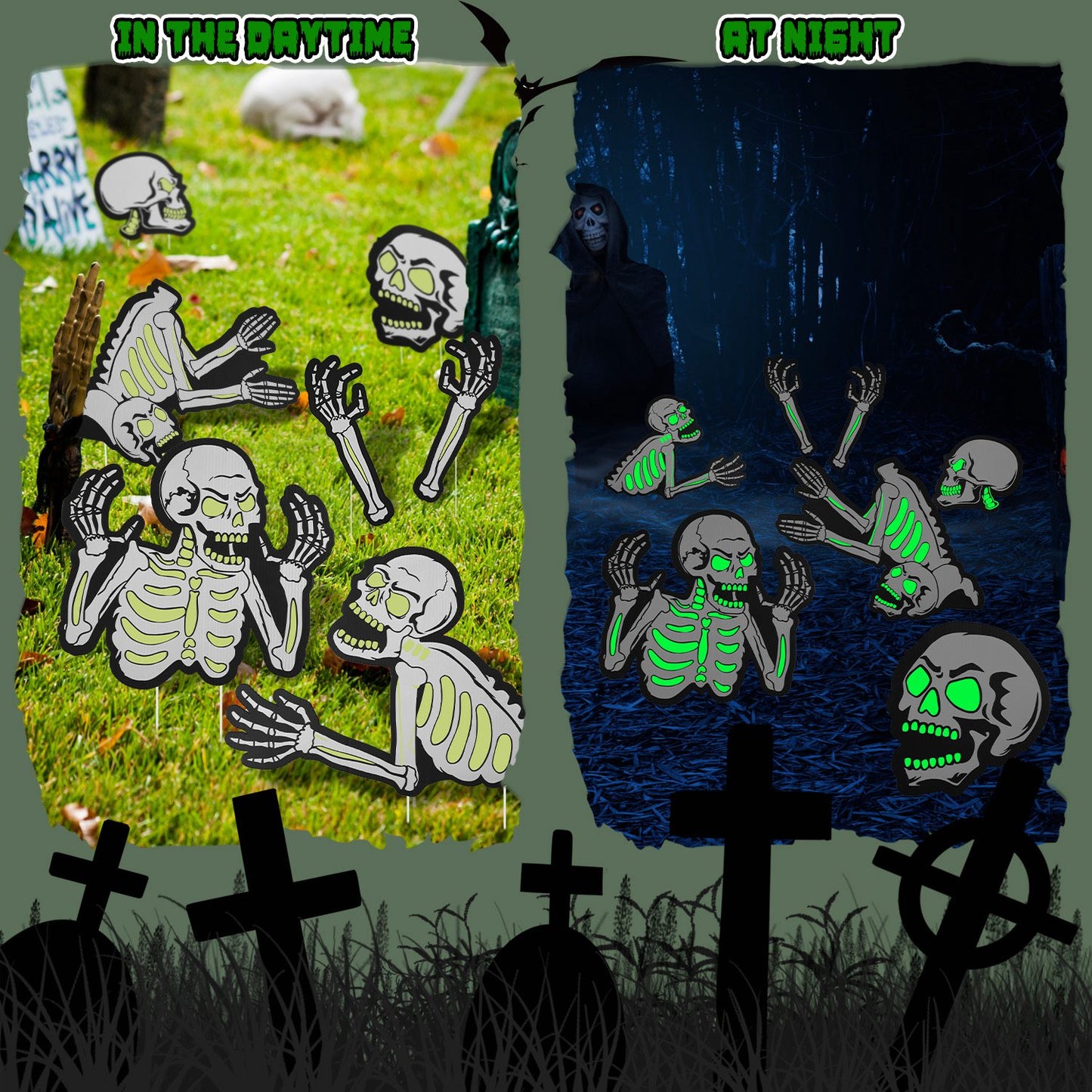 Glow In The Dark Halloween Yard Sign Set - 6 Pcs Skeleton & Cat