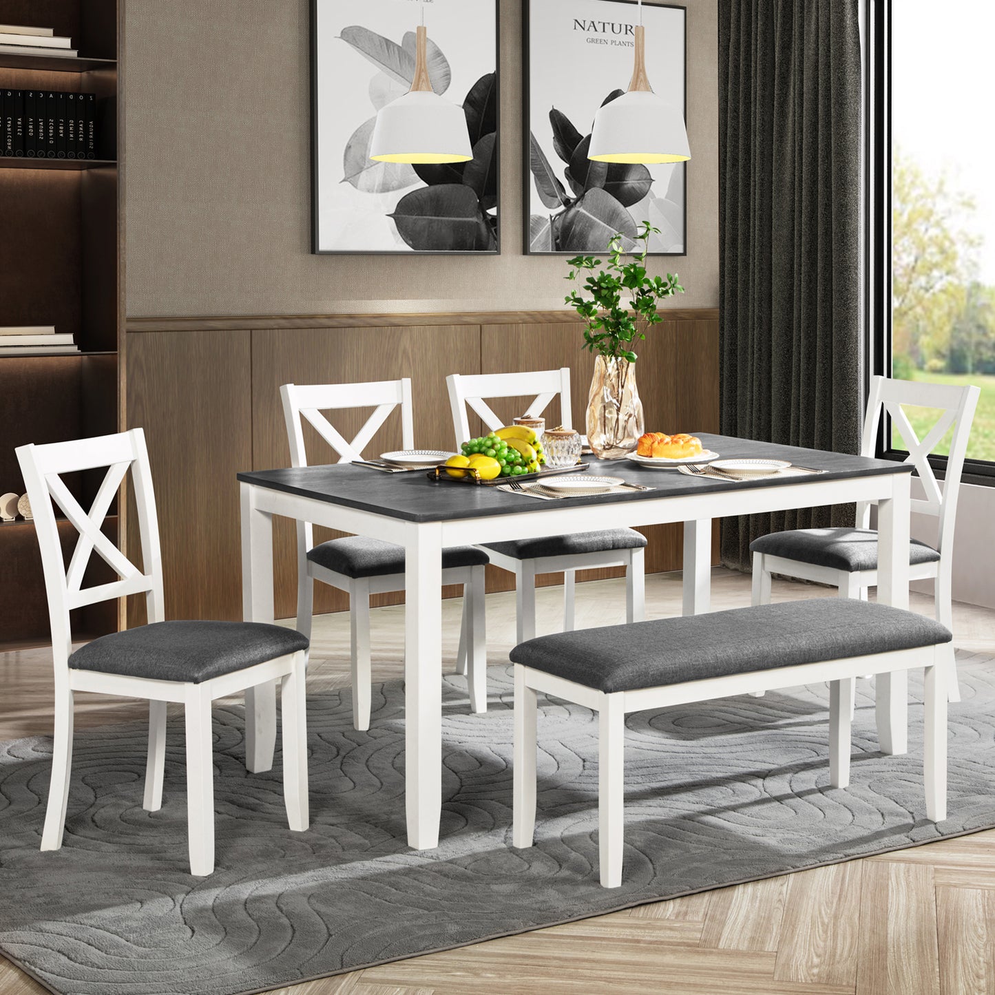 Modern 6-Piece Dining Table Set with Bench - Grey & White