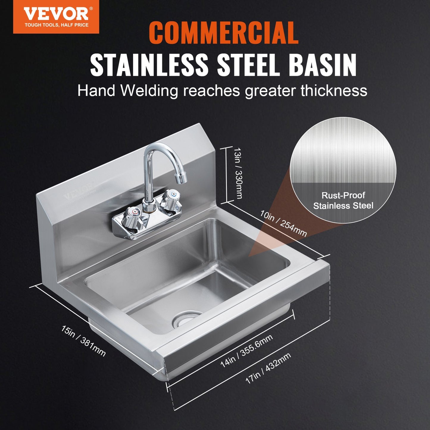 Stainless Steel Commercial Hand Sink with Faucet - 17 x 12.8 Inch