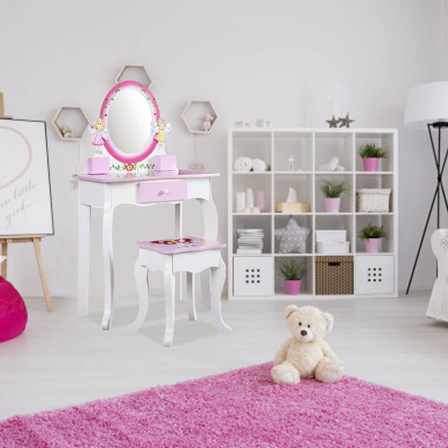 Kids Vanity Set Floral Printed Wooden Makeup Dressing Princess Table