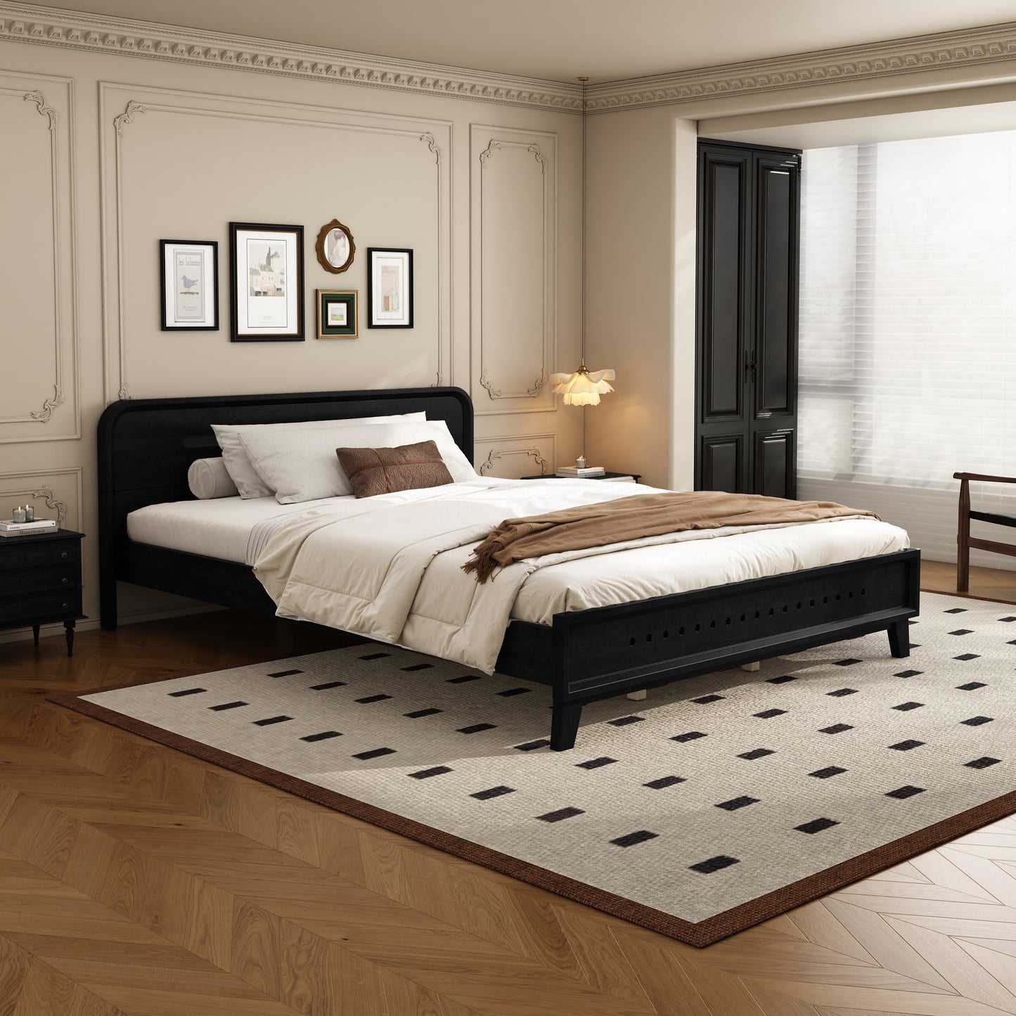 Queen Size Solid Wood Bed - Sturdy Pine Frame, No Box Spring Needed, Black