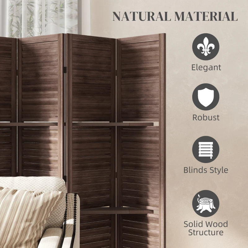 Wood Privacy Screen Room Divider with 3 Shelves - Walnut