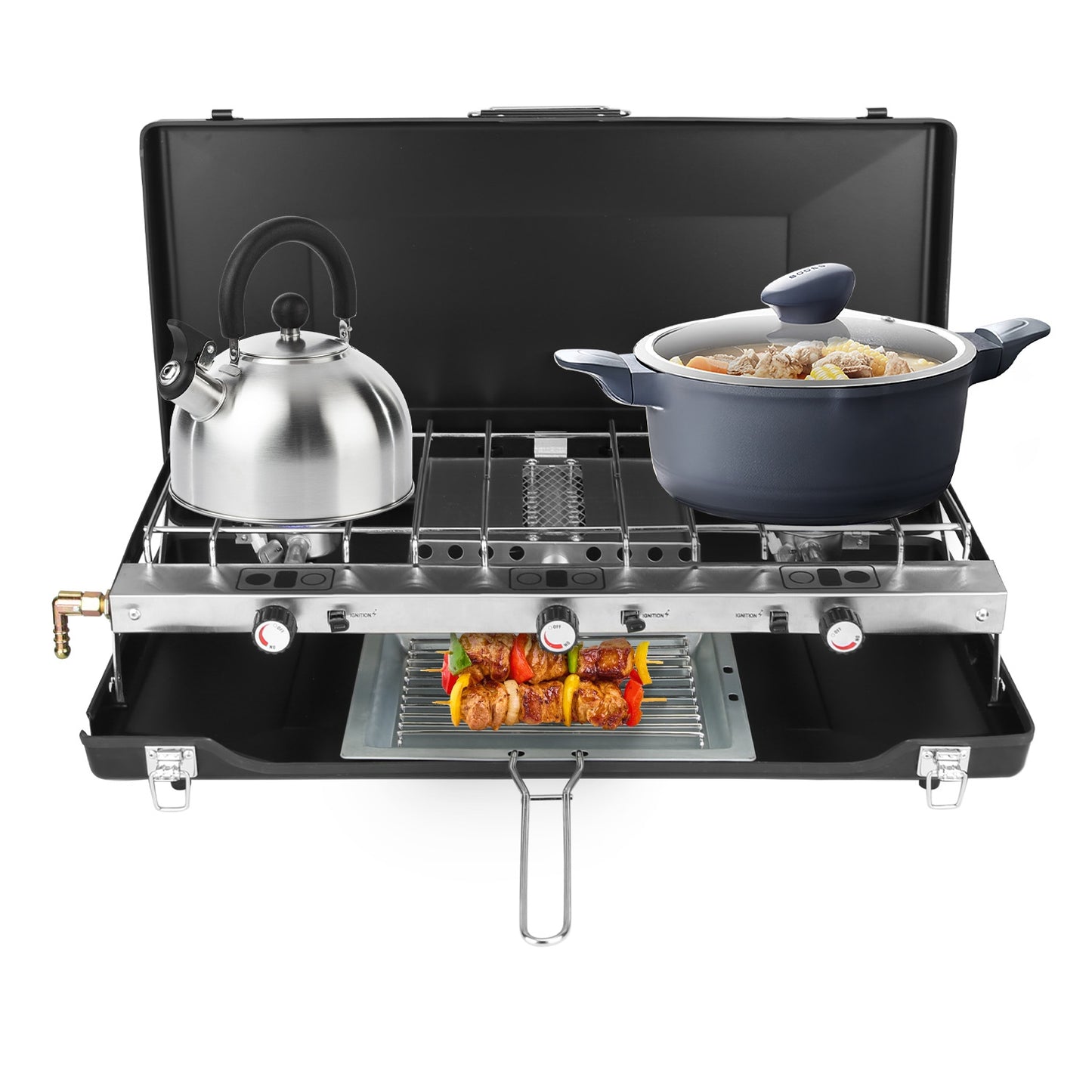 3-Burner Portable Camping Stove - 20000 BTU, Foldable with Toast Tray