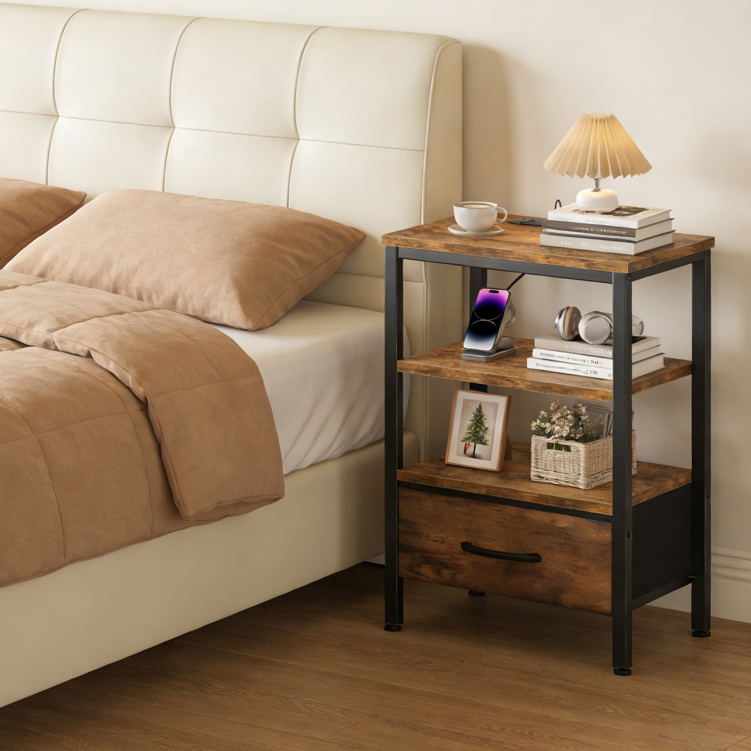 Bedside Table with USB-C Port and Adjustable Drawers - Brown