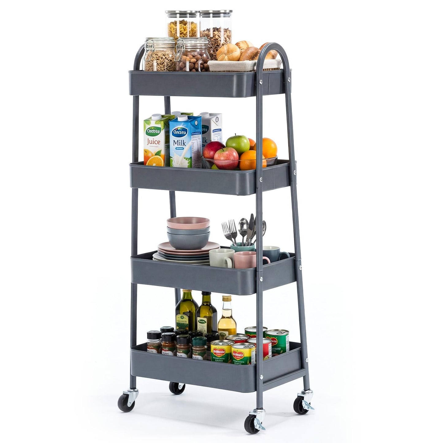 Four-Layer Metal Mobile Trolley with Lockable Casters