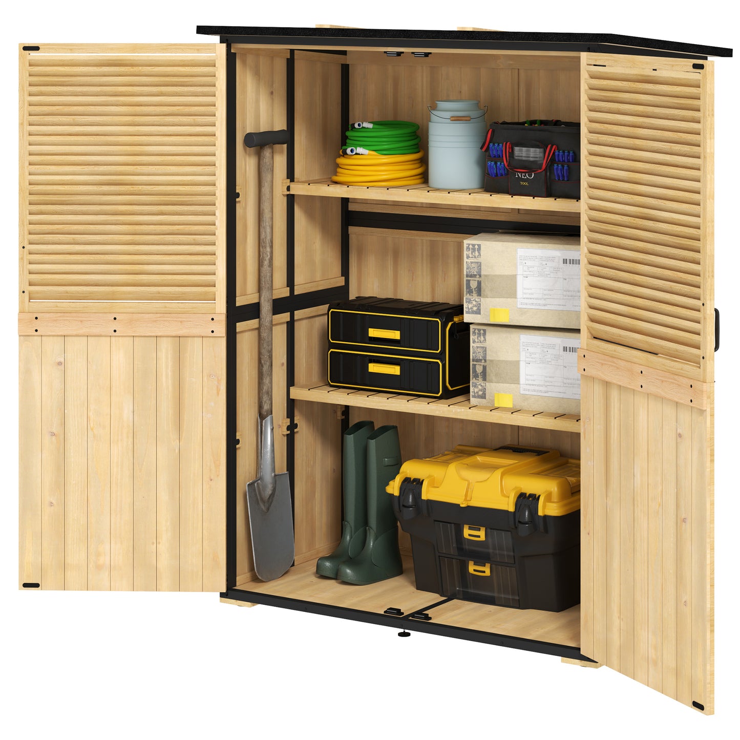 Wood Storage Shed, Outdoor Garden Shed With Asphalt Roof, 2 Shelves,