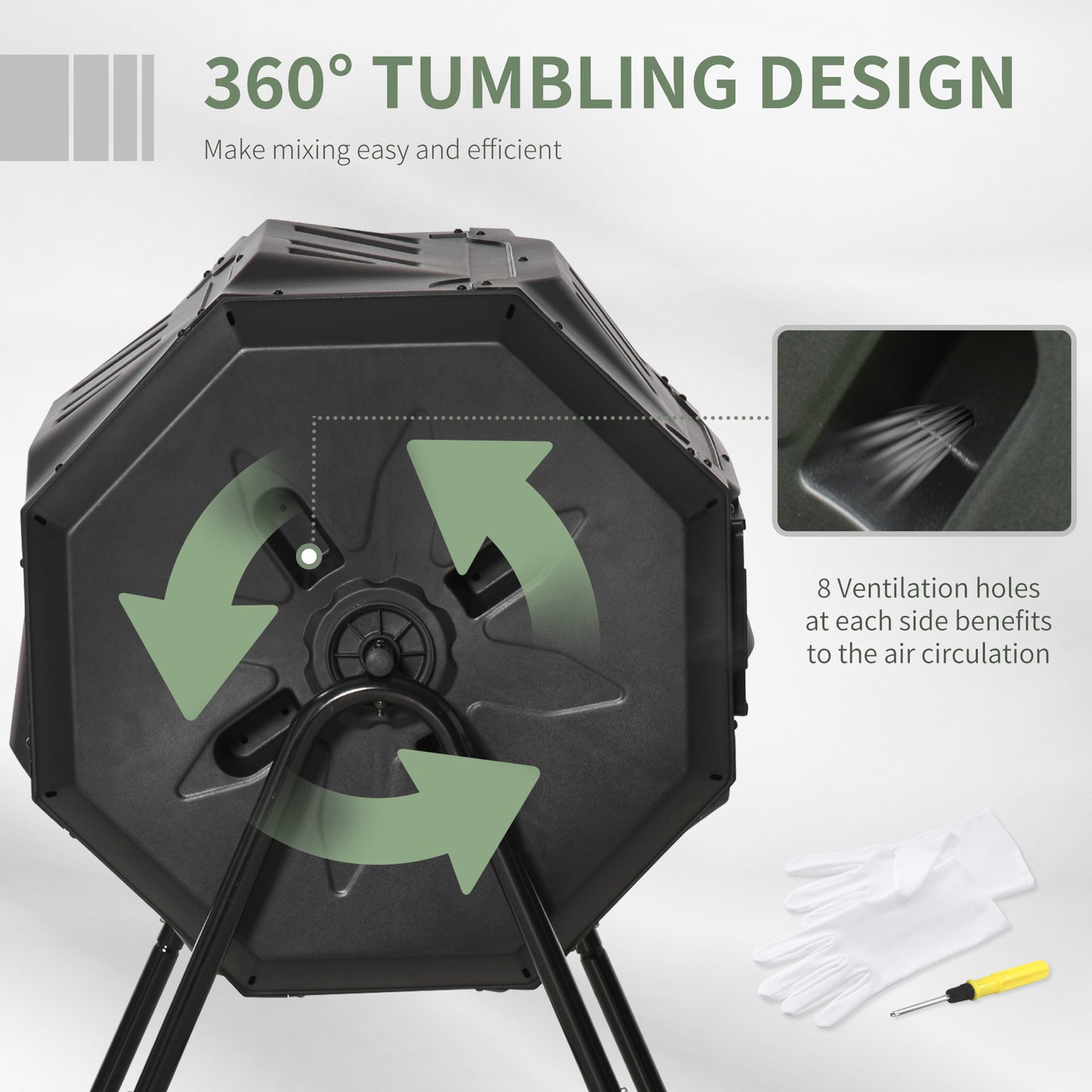 Outdoor 360° Rotating Compost Bin 43 Gallon Dual Chamber Garden Tumbler Black