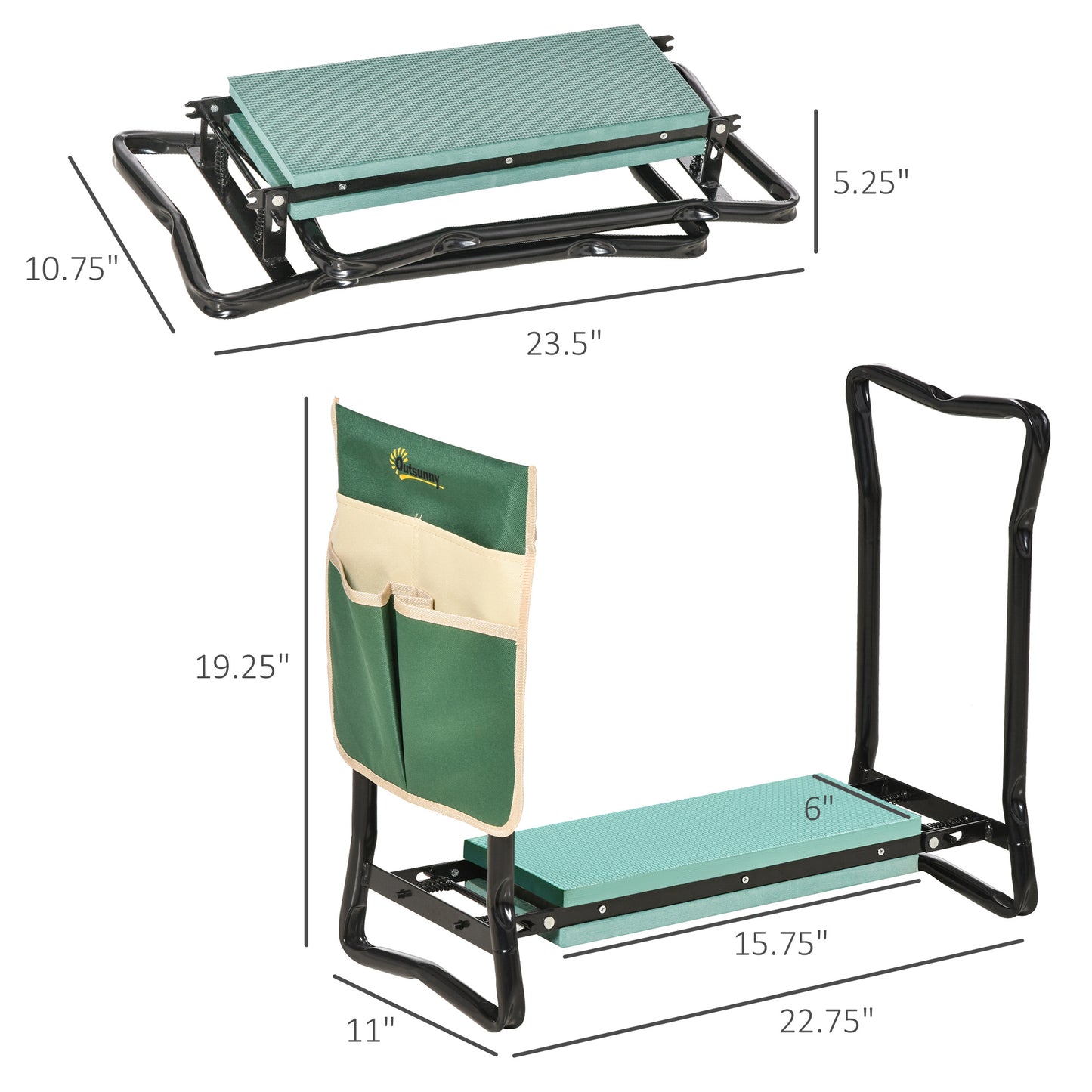 Garden Kneeler Seat Stool with Tool Pouch - Folding Gardening Bench, Green