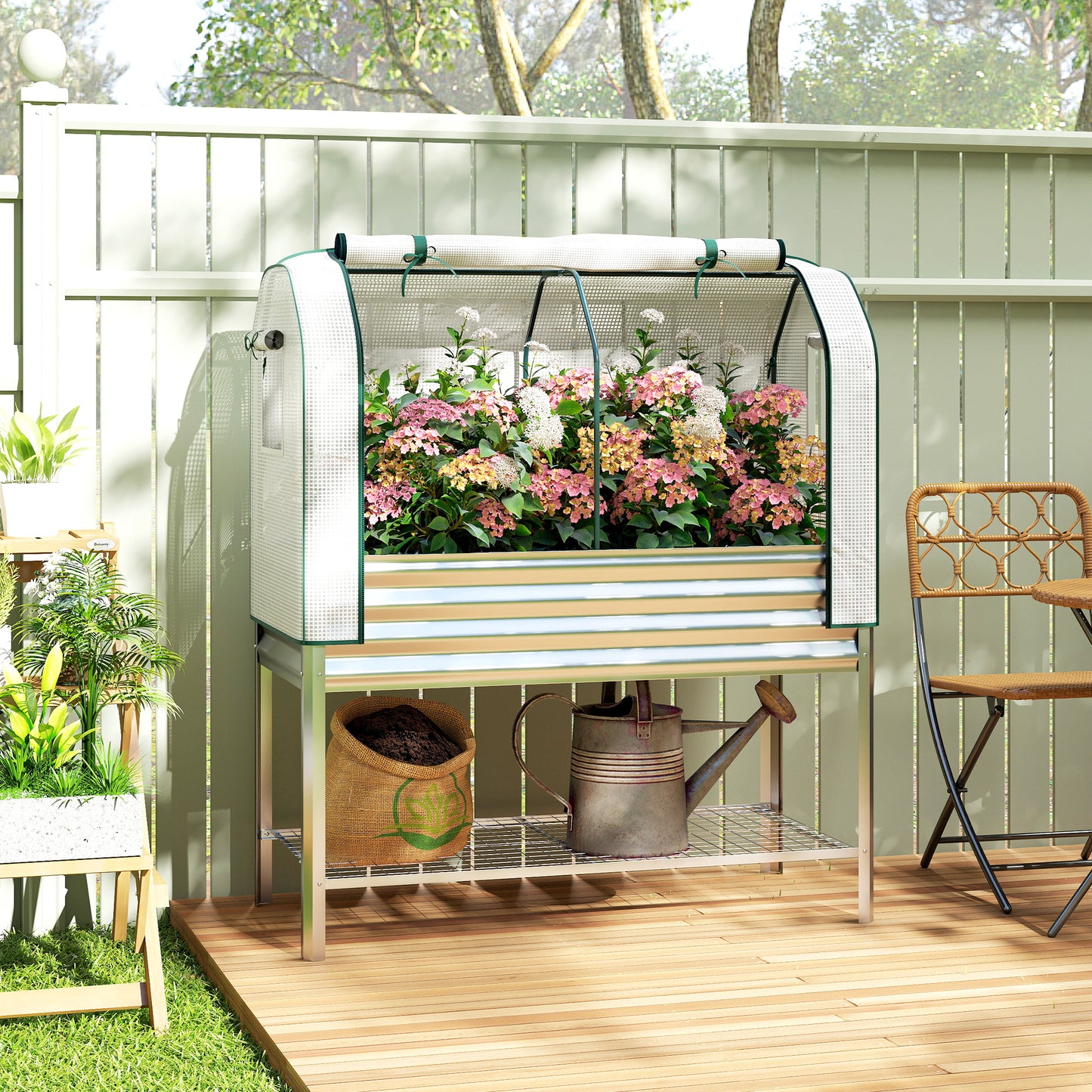 Galvanised Raised Garden Bed with Greenhouse Cover - Metal Elevated Plant Bed, Silver, 1330x370x120mm