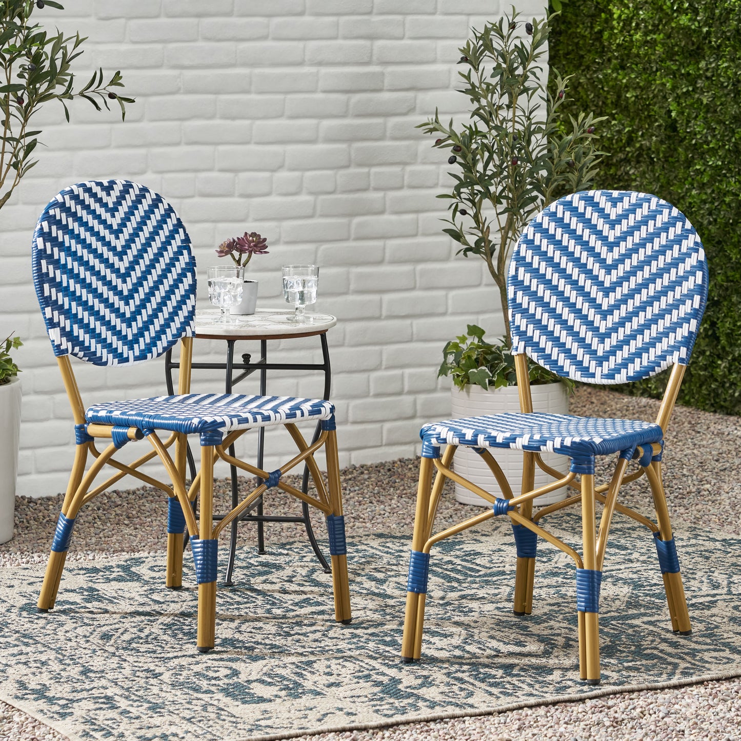 Outdoor PE Ratten And Aluminum French Armless Bistro Chairs, Set Of