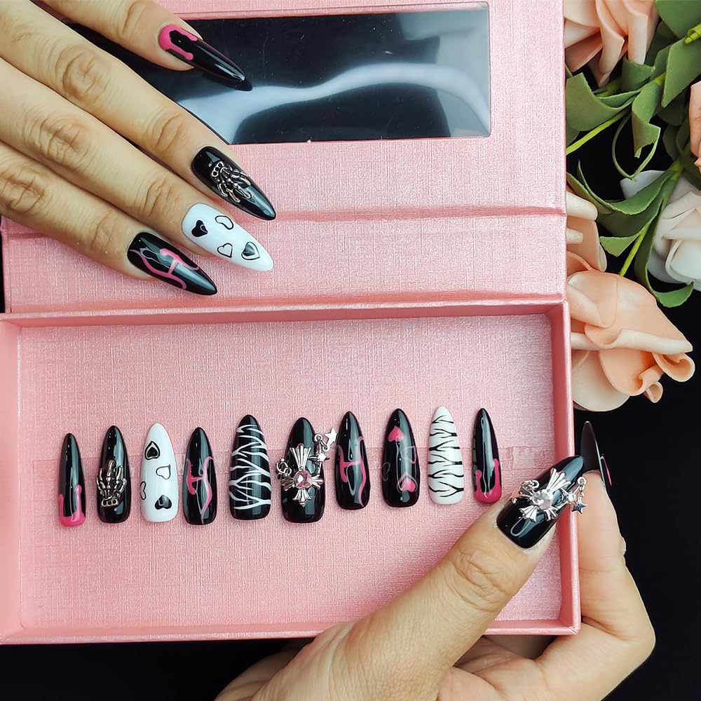 Medium Almond Press On Nails - Handmade Acrylic Eclipse Sketch Design