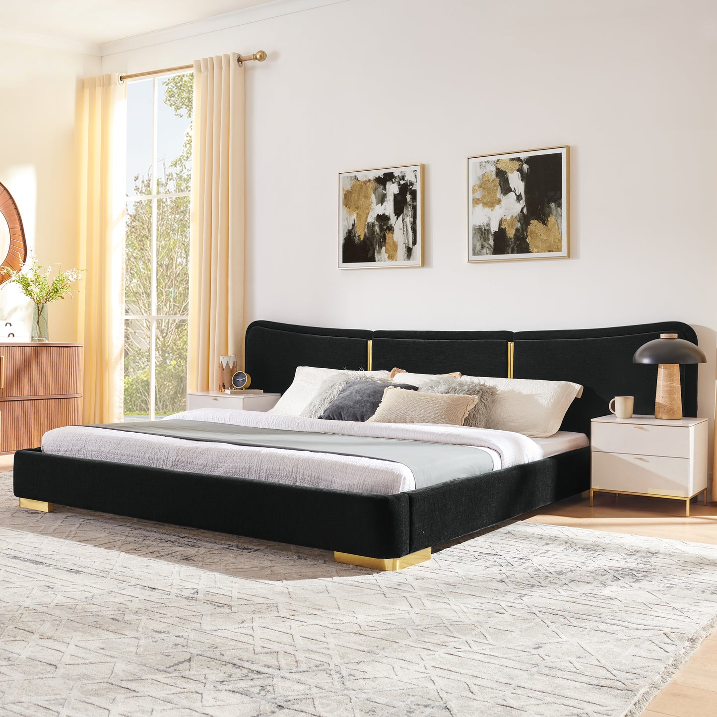 King Size Platform Bed with Soft Chenille Frame & Curved Headboard - Black