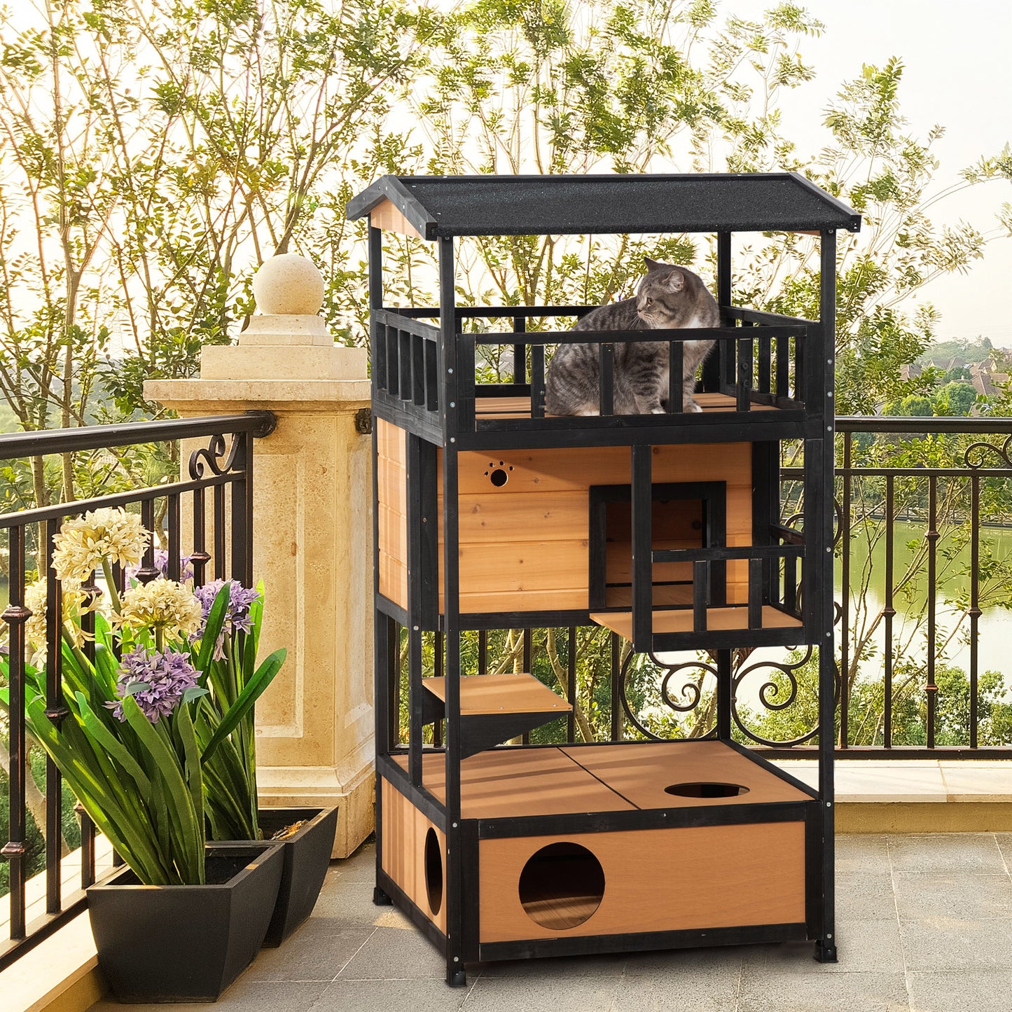 Wooden Outdoor Cat House with Asphalt Roof and Escape Doors - Feral Cat Shelter Kitten Condo Yellow 1095x725x215 mm