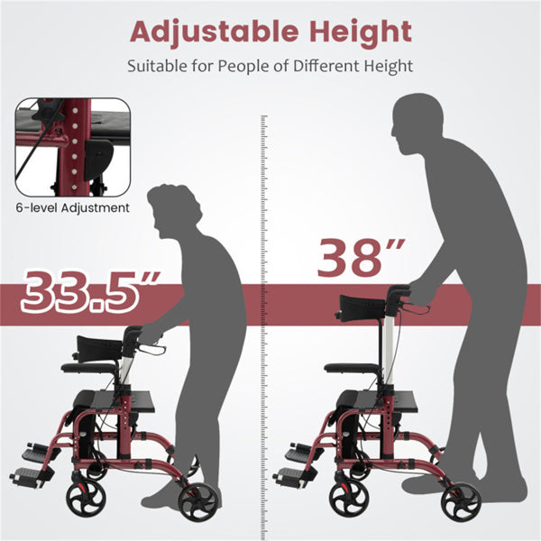 2-in-1 Rollator Walker and Wheelchair - Adjustable Handles, 300lbs Capacity, Red