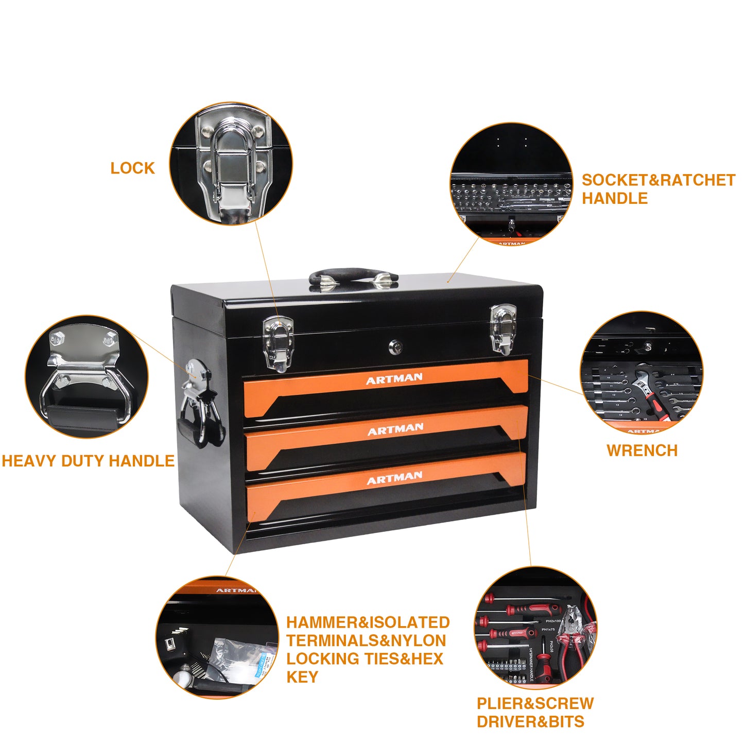 3 Drawer Tool Box with Tool Set - Heavy Duty Metal Storage Organizer