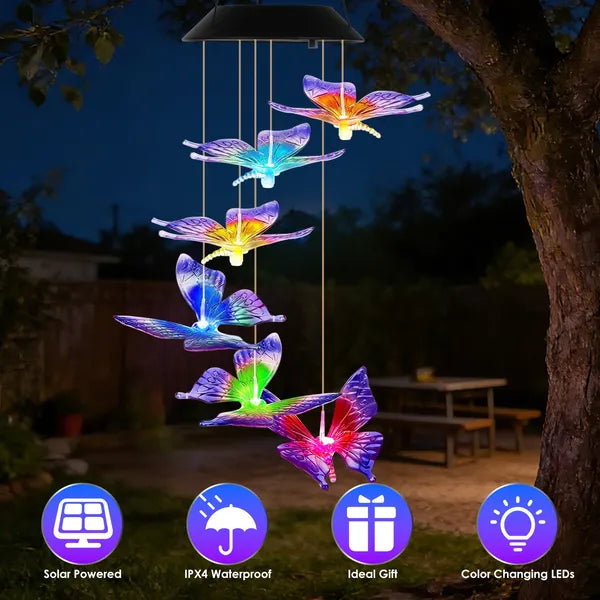 Solar Butterfly Wind Chime with Color-Changing LED Lights - 1 or 2 Pcs