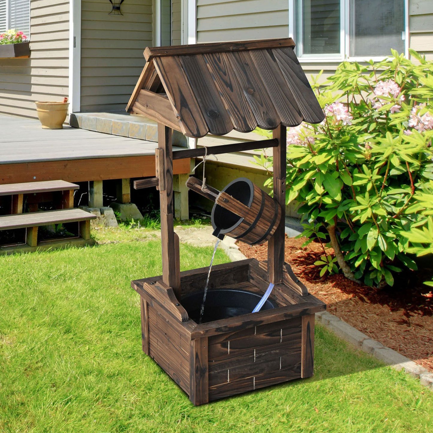 Outdoor Wooden Wishing Well Fountain with Adjustable Water Flow - Rustic Garden Decor