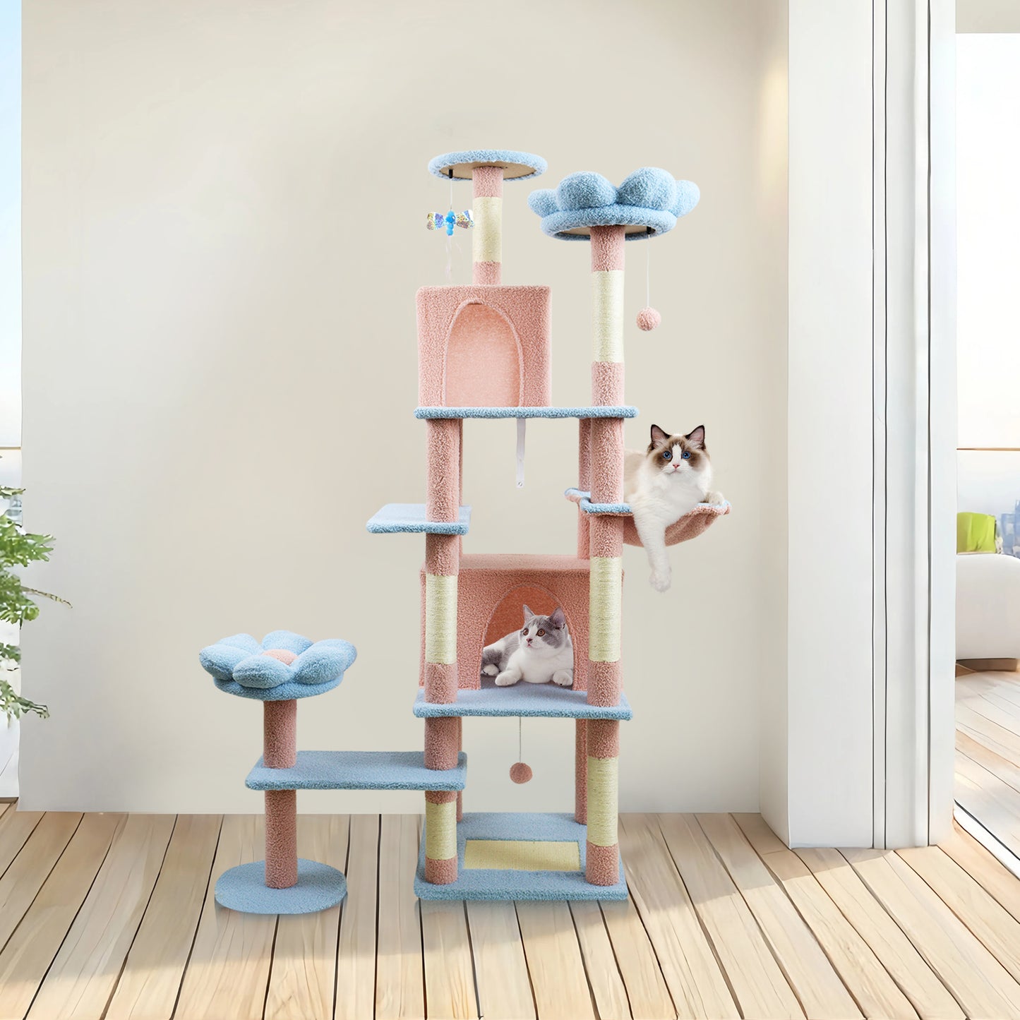 71-Inch Cat Tree with Large Condo, Removable Flower Cushion & Hammock - Blue