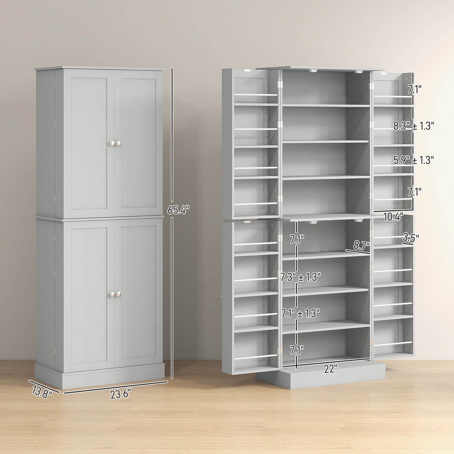 65" Kitchen Pantry Cabinet with 4 Doors and 16 Shelves - Gray