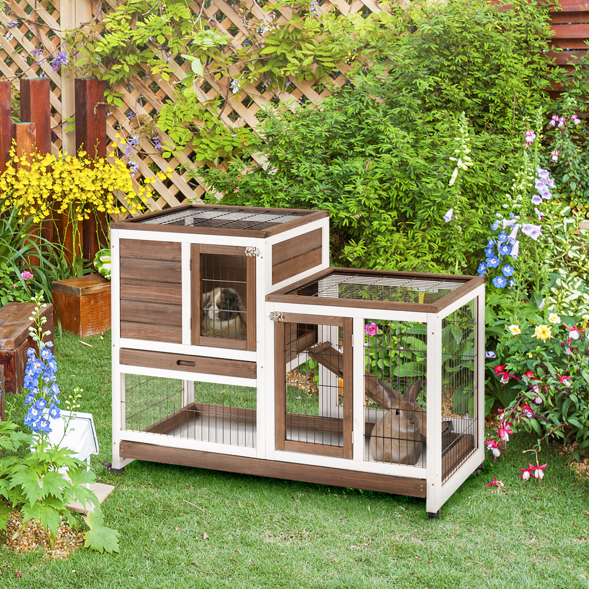 Wooden Rabbit Hutch with Enclosed Run, Wheels & Ramp - Small Animal Cage