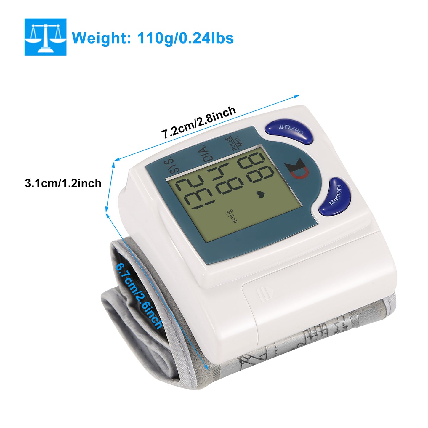 Digital Wrist Blood Pressure Monitor with Large LCD Screen and 60 Memory Slots - White
