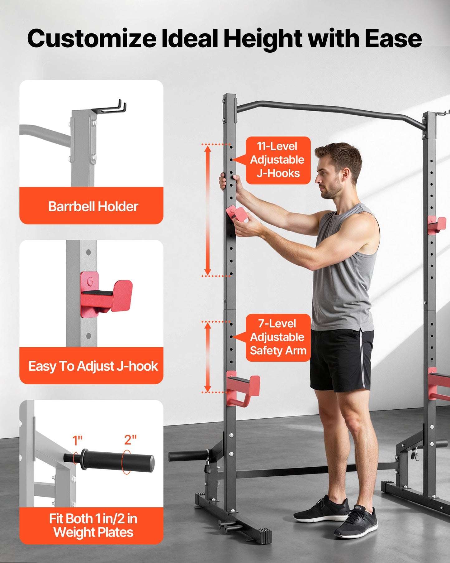 Power Cage Squat Rack with Adjustable J-Hooks & Safety Bars - 1000LBS Capacity