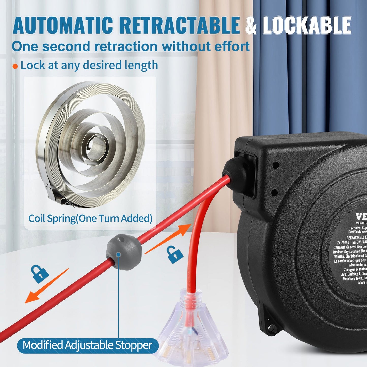Retractable Extension Cord Reel 50FT Power Cord Reel 14AWG Water Resistant