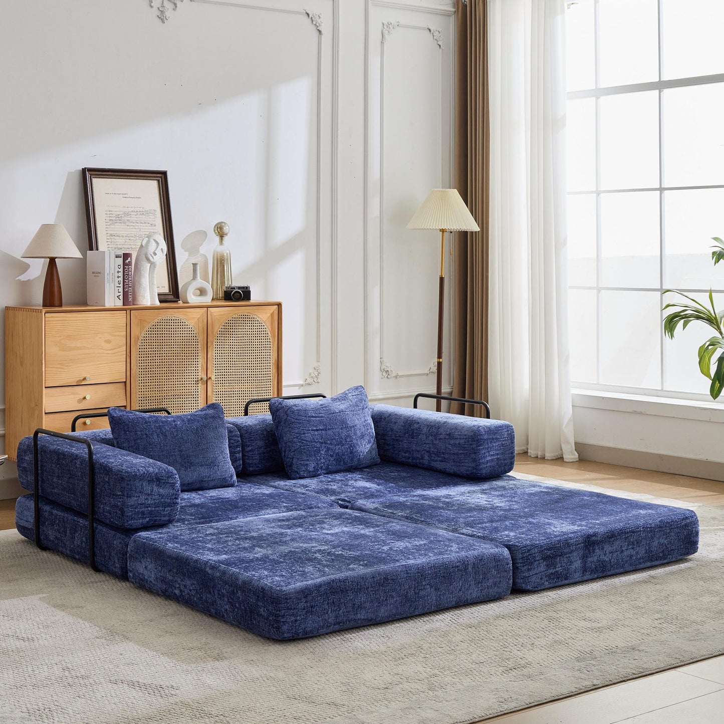 Convertible Floor Sofa Bed - Dark Blue Chenille, No Assembly