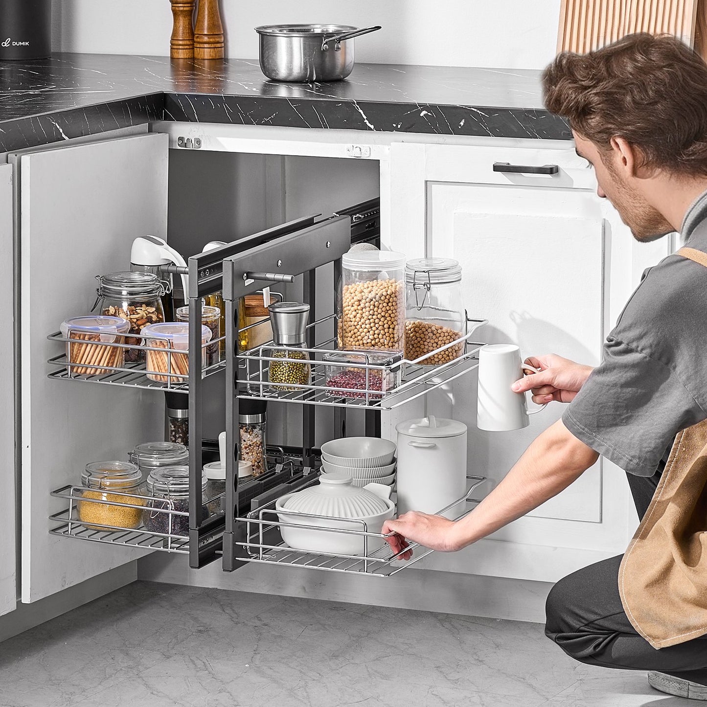 Blind Corner Pull-Out Organizer - 2 Tier Chrome Kitchen Basket